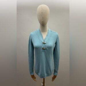 Charter Club Light Blue Knit Sweater Gold Hook Closure V-Neck Long Sleeve Size S